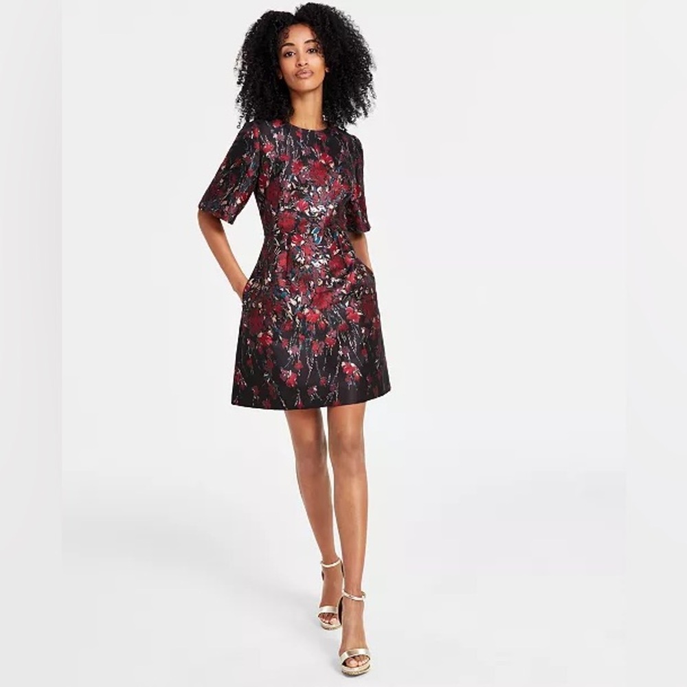 Vince Camuto women's metallic floral jacquard A-line dress